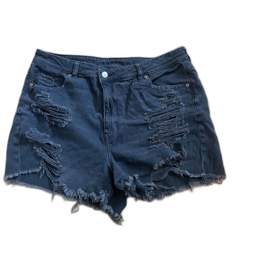 American Eagle Black High Rise Denim Shorts Distressed Size 12 Mom Jean Shorts